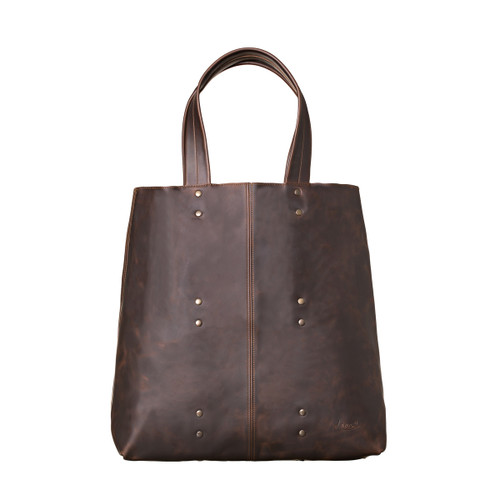 This is the front view of the giant leather weekend tote in dark brown