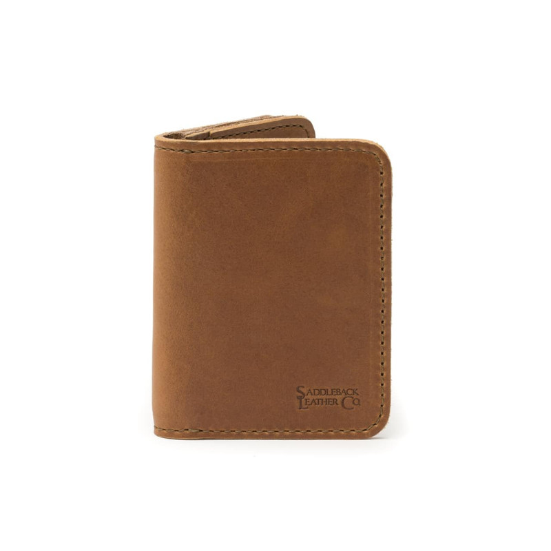 This is a tan brown leather business card holder wallet front.
