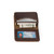 This is a black leather business card holder wallet laying flat and open.
