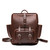This is a red brown leather backpack with a pocket on the front.