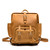 This is a tan brown leather backpack with a pocket on the front.