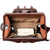 This is a red brown leather backpack with a pocket on the front interior view.