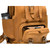 This is a tan brown leather backpack with a pocket on the interior view.