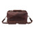 This is a red brown leather duffle bag with three straps on the front but not showing. This overnight bag has no straps on the back.