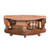 This leather duffle bag is tan brown and has three straps on it . It is showing the inside.