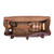 This leather duffle bag is red brown and has three straps on it . It is showing the inside.