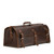 This leather duffle bag is dark brown and has three straps on it. It is showing the side.
