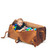 This leather duffle bag is tan brown and has a kid in it with play balls.