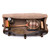 This leather duffle bag is dark brown and has three straps on it . It is showing the inside.