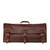 This leather duffle bag is red brown and has three straps on it. It is showing the front side.