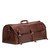 This leather duffle bag is red brown and has three straps on it. It is showing the side.