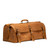 This leather duffle bag is tan brown and has three straps on it. It is showing the side.