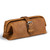 This is a tan brown leather toiletry bag from the front angle.