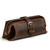 This is a dark brown leather toiletry bag from the front angle.