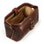 This is a dark brown leather toiletry bag from the top angled.