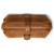This is a tan brown leather toiletry bag from the top.