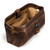 This is a red brown leather toiletry bag from the top angled.