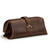 This is a red brown leather toiletry bag from the back angle.