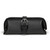 This is a black leather toiletry bag from the front.
