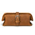 This is a tan brown leather toiletry bag from the front.