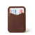 This is the front of a red brown leather wallet standing with no cash.