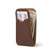 This is a red brown leather wallet standing angled.