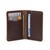 This is a thin red brown leather wallet that folds in the middle wide open..