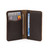 This is a thin dark brown leather wallet that folds in the middle wide open..