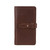This is the back of a red brown really large leather wallet.