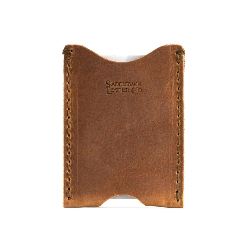 This is the front of a thin tan brown leather card sleeve wallet.