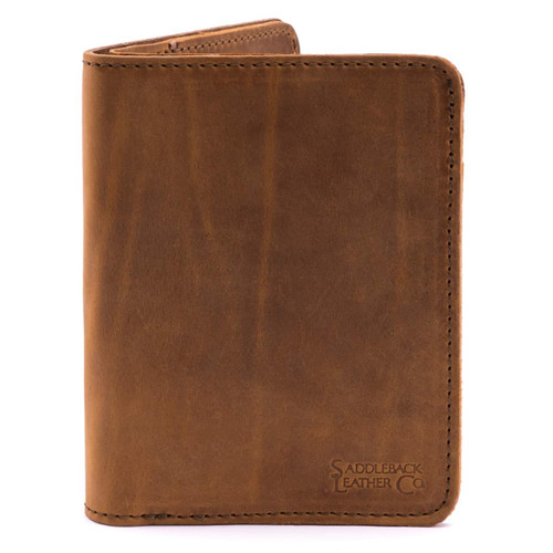 This is the front of a tan brown leather passport wallet.