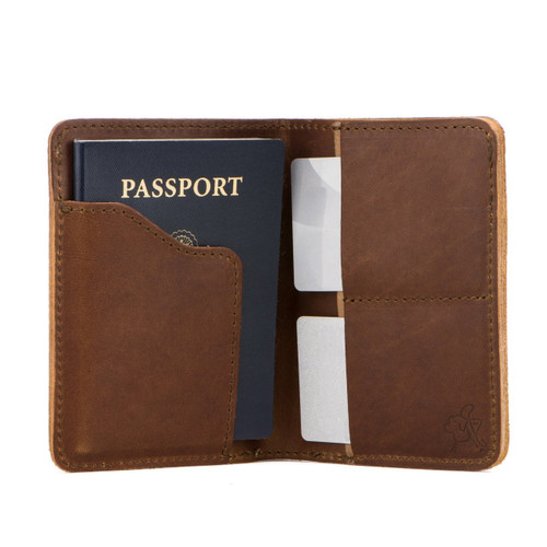 This is the inside of a tan brown leather passport wallet.