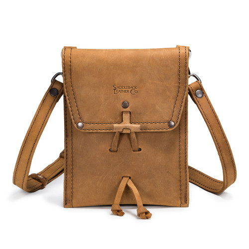 This is a tan brown leather satchel that is thin from the front.