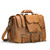 This is a tan brown leather satchel that is thin from the front of a briefcase.