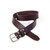 This is a red brown leather belt with no stitching and made with thick leather.