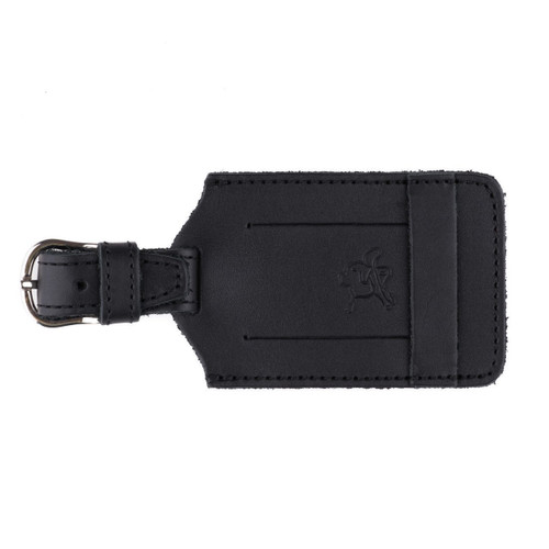 This is a black leather luggage tag that is closed to  be an ID Badge Holder.