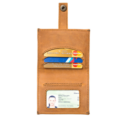 This is a tan brown leather wallet that is called a bifold because it holds cards and cash and folds in the middle. This one is open.
