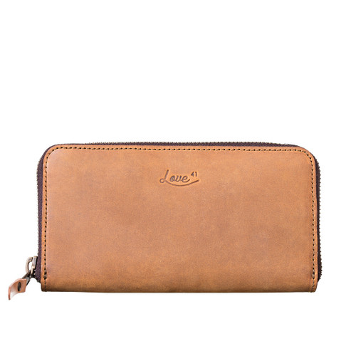 This is a tan brown large zippered leather wallet from the front.