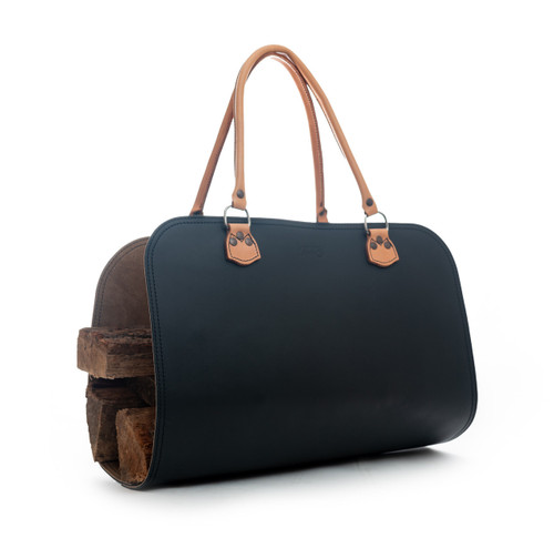 Black leather log carrier by Saddleback