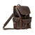 This is a dark brown leather backpack with three pockets on the outside. The image of this backpack is the front side.