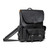This is a black leather backpack with three pockets on the outside. The image of this backpack is the front side.