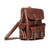 This is a red brown leather backpack with three pockets on the outside. The image of this backpack is the front side.