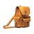 This is a tan brown leather backpack with three pockets on the outside. The image of this backpack is the front side.