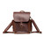 This is a red brown leather backpack from the front of the bag showing the shoulder strap.