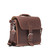 This is the side angle view of a reddish brown rounded leather satchel.