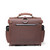 This is the back view  of a reddish brown rounded leather satchel.
