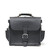 This is the front view of a black rounded leather satchel.