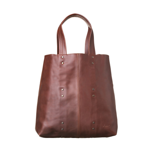 This is the front view of the giant leather weekend tote in reddish brown