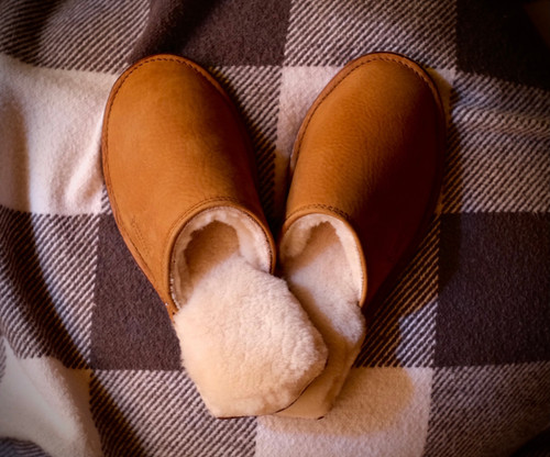Tobacco sheepskin slippers for women. Made by Saddleback