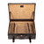 Opened dark coffee brown colored medium suitcase in the grandfather collection. Made by Saddleback